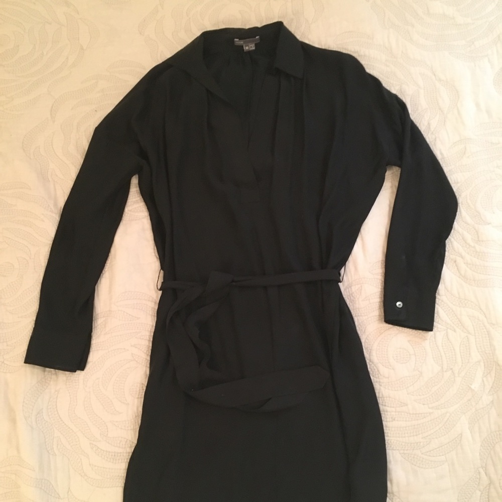 Vince raw silk shirt dress with tie.